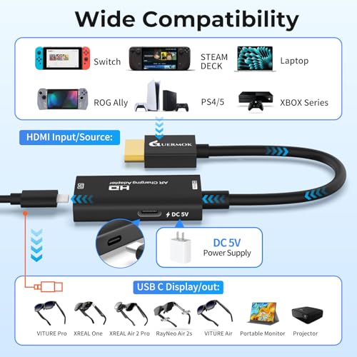Guermok Adaptador HDMI a USB-C para gafas AR, convertidor XR 4K@60Hz con carga y puerto DC 5V – Compatible con XREAL One/Air 2 Pro, RayNeo, Rokid, Switch2/1, Xbox1, PS4/5, monitores portátiles (Negro) - imagen 4