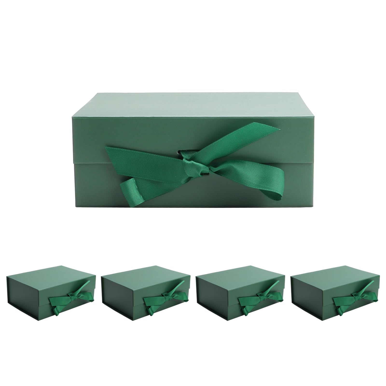 kaxilu Dark Green Gift Boxes with Ribbon Foldable Gift Boxes Set of 5 Magnetic Gift Boxes for Presentations and Groomsmen Proposal, Glossy Finish,Large-L11.5*W8.6*H4.2inch