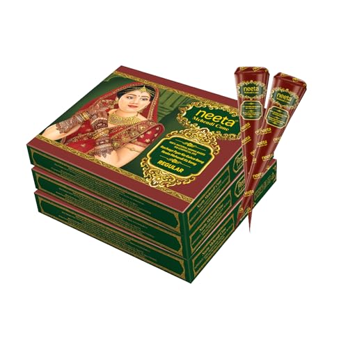 Image of Neeta Mehendi Cones for Hand 12 Pcs in 1 Box (Pack of 3) Bridal Mehndi Cones Natural Mehendi Cone for Wedding, Hand Designing, Reddish Brown Color Long Lasting Niddle Cones for Women