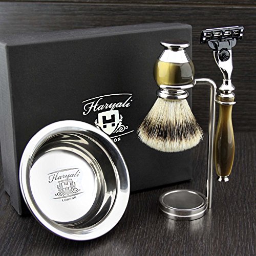 Haryali London 4 Pc Mens Shaving Kit 3 Edge Razor With Silver Tip