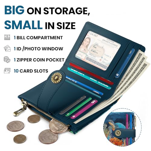 Image of Small Wallet for Women, RFID Blocking Bifold Card Holder Wallet with 10 Card Slots, Cash Compartment, Zipper Coin Pocket & ID Window, Cute Soft Vegan Leather Compact Wallet, Turtle