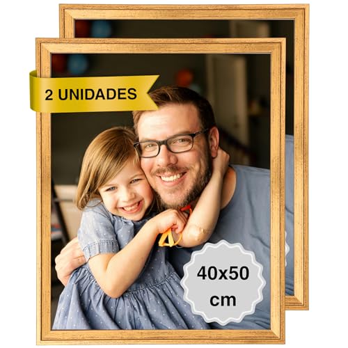 MARCOFOTO Set de 2 Marcos de Fotos Vintage   Marco Para Cuadros   Marco de Fotos   Marco Foto   Marcos Cuadros   Marcos Fotos Pared con Plexiglas   Marco Fotos   Marcos Madera MDF Dorado   40X50
