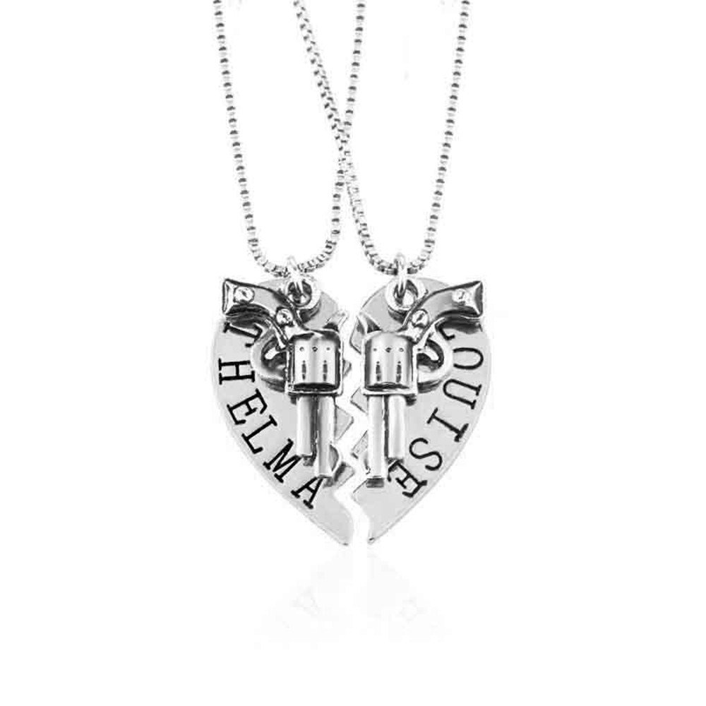 Thelma and Louise Revolver Charm Split Heart-Shaped Puzzle BFF Necklace Set
