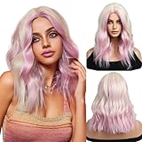 OMELPIS Short Pink Blonde Highlights Wavy Wig for Women Natural Blonde Roots Middle Part Heat Resistant Synthetic Fiber High Density Curly Hair Wigs for Daily Cosplay Party Halloween Christmas 16In
