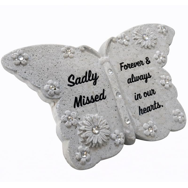 Quickdraw Supplies Grave Ornament Memorial Butterfly Plaque – Sadly Missed Headstone Decoration, 15cm Stone Effect Graveside Cemetery Tribute Keepsake with Floral Detail