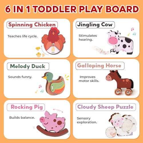 Image of KALOTOYS Wooden Farm Animal Puzzle for Toddlers 1-3 - 6 Piece Montessori Sound & Sensory Puzzle with Textures & Hatching-Egg Chicken - Fine Motor Learning Toy & Autism-Friendly Baby Gift