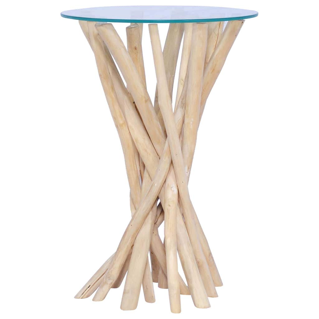 Mesa de sofá mesa de café mesa consola para salón, mesa de café con placa de cristal, 35 x 35 x 50 cm, madera maciza de teca para salón, dormitorio, estudio