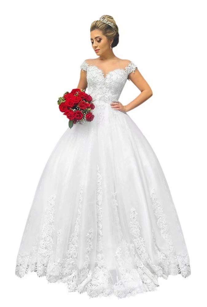 Andybridal Women's Ball Gown Sweetheart Appliques Lace Bridal Gowns Plus Size Wedding Dress with Sleeves