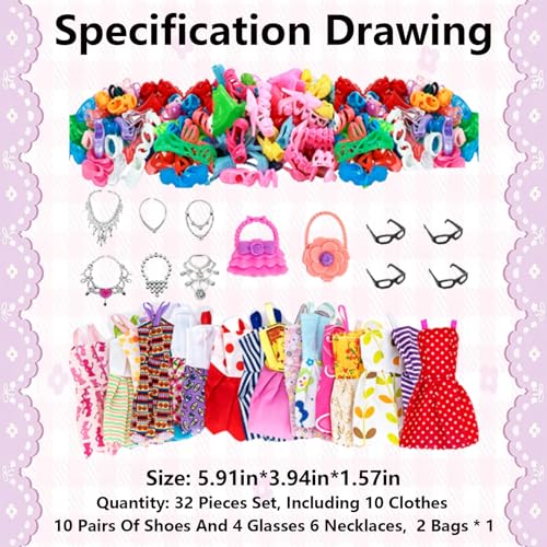 Image of 32 Pieces Doll Dress Up Collection for Creative Play, Barbie Doll Set，Doll Dress，Barbie Doll Set with Fashion Clothes, Includes Dresses and Accessories for Barbie Dolls Wardrobe