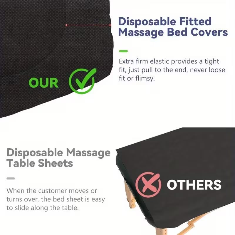 Disposable Massage Table Sheet Covers with Elastic Bands – Black Waterproof and Oil-Resistant Fitted Sheets for Spa, Salon, and Massage, 10 Pack