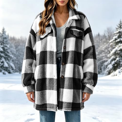 FPMLUXLL Womens Plaid Sherpa Fleece Jacket Winter Button Down Fuzzy Shacket - image 4