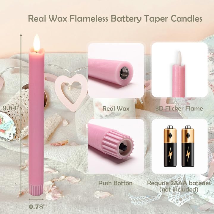 Image of Pink Flameless Taper Candles with Remote, Real Wax Battery Operated LED Candles with 3D Flickering Flame, 9.6 inch Realistic Dripless Candlesticks for Valentine's Day Decor, Proposal Wedding, 3 Pack