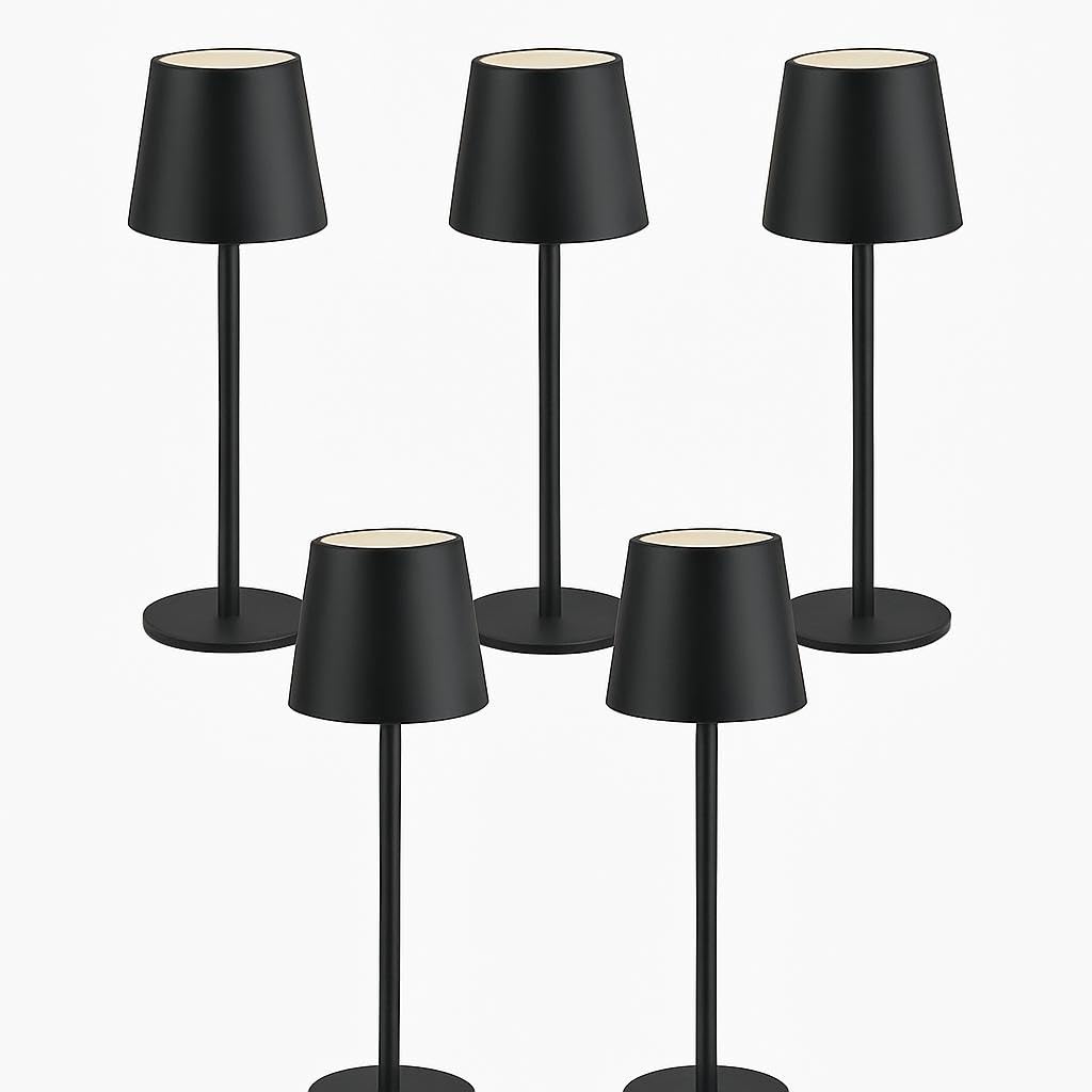 LEOLUX COLUMBUS NERO - Set 5 Lampade da Tavolo LED Ricaricabili – Design Moderno in Alluminio Nero Opaco – 3 Colori di Luce – Touch Dimmer – Wireless – Per Casa, Ristorante, Bar, Terrazza