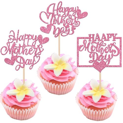 24 Pack Happy Mother's Day Cupcake Toppers Heart Love Mother Best Mom Cupcake Food Picks Women Birthday Happy Mother's Day Theme Party Cake Decorations Supplies Pink