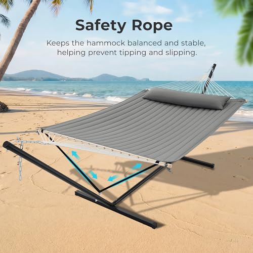 Image of SUPERJARE 12ft Double Hammock with Stand, Rope Hammock for 2 Person, Detachable Hammock Bed and Pillow, Portable, Anti-Tip Safety Ropes, Carry Bag, Outdoor Backyard Patio Camping, Gray