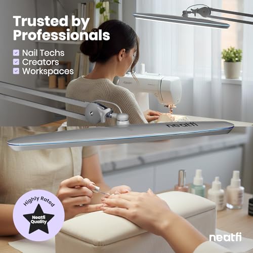 Image of Neatfi XL 24W LED Desk Lamp - 2,200 Lumens | 23 inch Wide Shade | Dimmable Eye-Caring Task Light | Adjustable Arm | Office, Study, Crafting & Nail Techs (Silver, Non-CCT with Base)