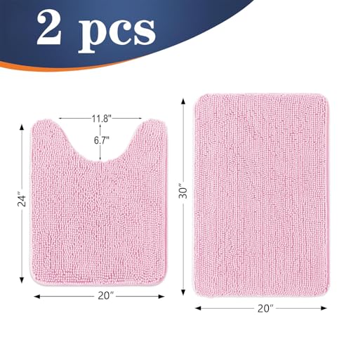 Image of OLANLY Bathroom Rugs Sets 2 Piece, Soft Absorbent Chenille Bath Mats and U-Shaped Contour Toilet Mat Area Rug Set, Machine Washable Bath Carpet, Home Decor Accessories(30 inchx20 inch+24 inchx20 inch, Pink)