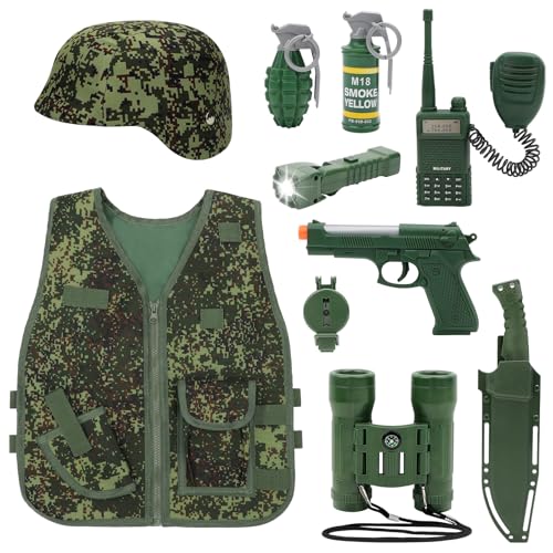 deAO Disfraz de Soldado en Combate, Conjunto de Uniforme Militar con Chaleco de Camuflaje, Casco, Telescopio, Pistola de Accesorios de Juguetes Militares, Juego Infantil de Imitación de 3 a 10 Años