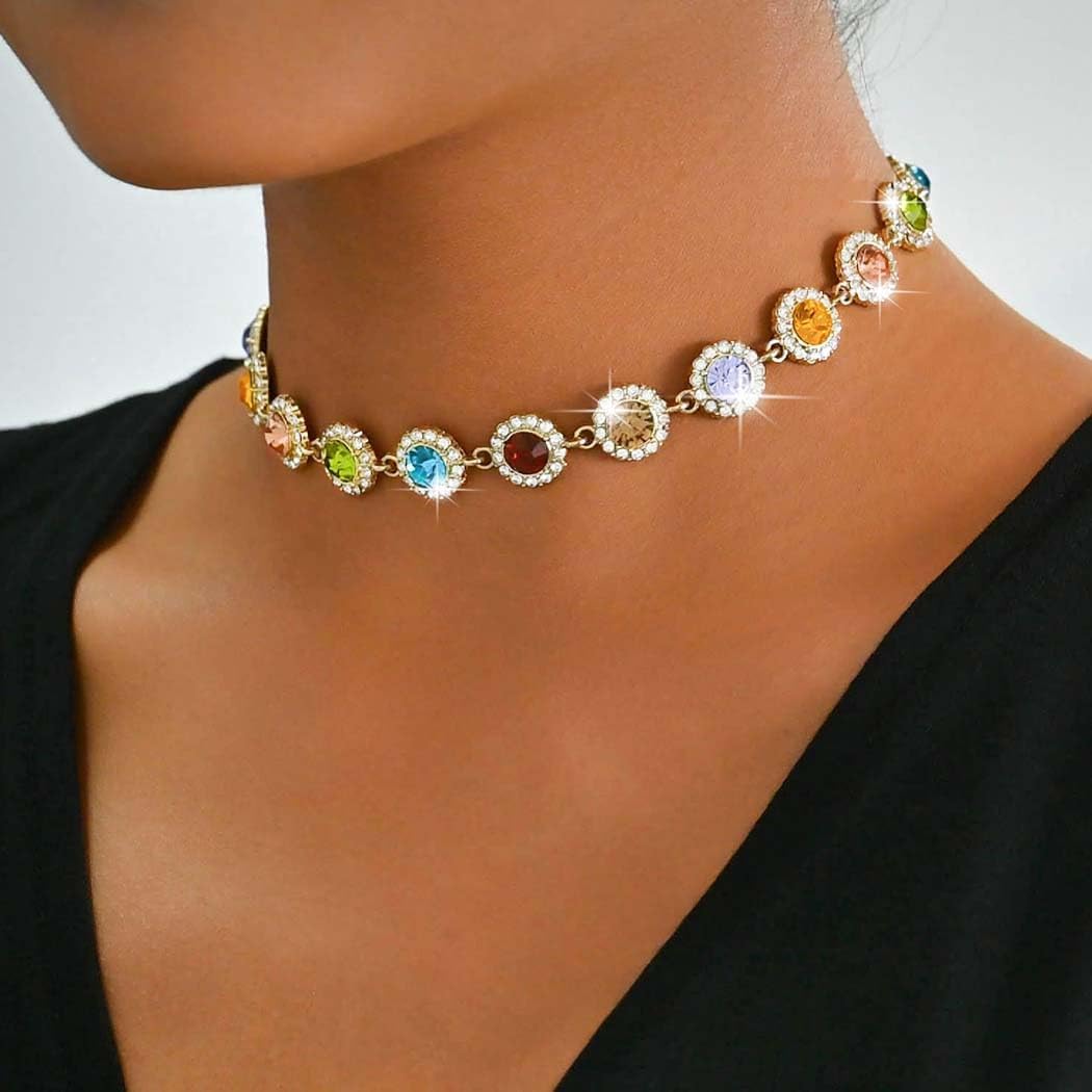 Fashey Rhinestone Necklace Colorful Crystal Choker Necklace Gold Choker Necklaces for Woman - Image 3