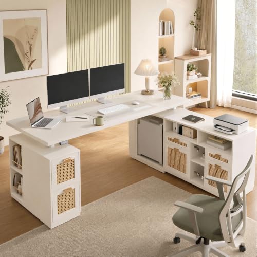 Image of ModernMate 71 inch L Shaped Electric Standing Desk with 4 Drawer File Cabinet