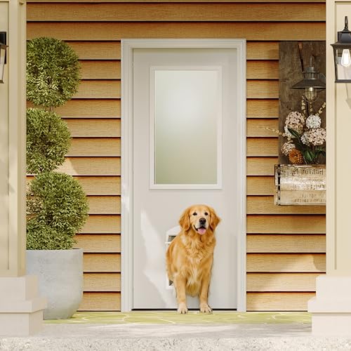 Lakenyon Front Door,32 x 80 1-Lite Exterior Door with Pet Door, Left-Handed Frosted Glass Entry Door, Solid Wood & MDF Construction, Prehung Door Jamb & Threshold Hardware Kit, Waterproof Primer