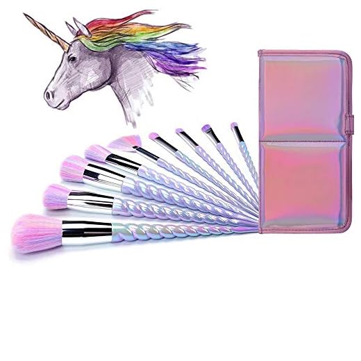 AMMIY Makeup Brushes 10pcs Unicorn Makeup Brushes Set With Colorful Bristles Unicorn Horn Shaped Handles Fantasy Makeup Brush Foundation Eyeshadow Brush Kit With a Cute Iridescent Carrying Case
