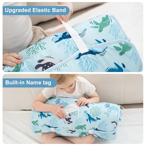 Image of Viviland Toddler Nap Mat, Rolled Sleeping Mats with Pillow and Minky Dot Blanket for Girls Boys, Kids Slumber Bags /Nap Mat for Preschool, Daycare, Kindergarten, Travel Camping - Blue Ocean Whales