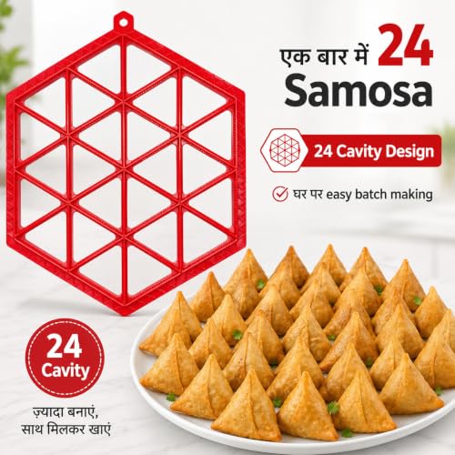 Image of Samosa Maker Mould, 24 Cavity ABS Plastic Tray - Red | Sealing dots, ABS plastic body, makes 24 samosas at once; keep filling away from edges for better sealing, Made in India