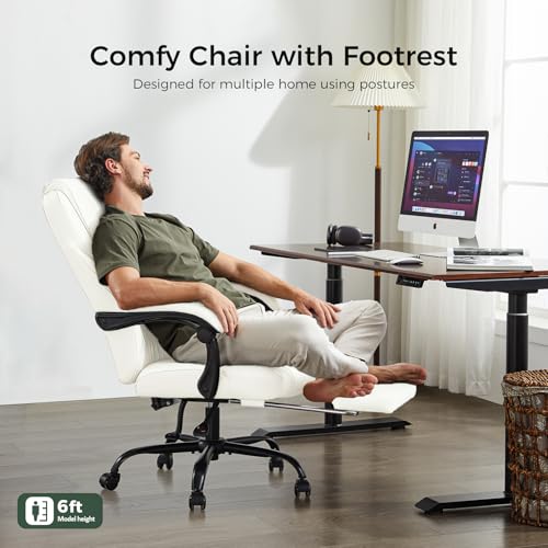 Image of amseatec Big and Tall Office Chair with Footrest, Lumbar Support, White | Ergonomic Leather High Back, Infinite Lock Reclining 90-135, 20 Spring Packs, 300lbs Capacity, Executive Desk Chair
