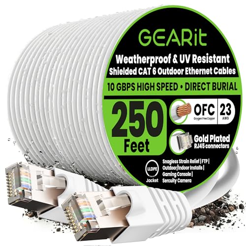 Image of GEARit Cat6 Outdoor Ethernet Cable (250ft) 23AWG Pure Copper, FTP, LLDPE, Waterproof, Direct Burial, In-Ground, UV Resistant, POE, Network, LAN, Internet, Cat 6, Cat6 Cable - 250 Feet