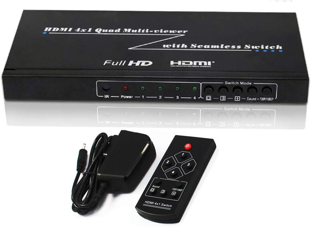 Unocho HDMI Quad 4x1 Screen Multi-Viewer Seamless Switcher 4 Ports Four Way Image Splitter HDCP 1.2 Support 1080p for PS4 PC DVD