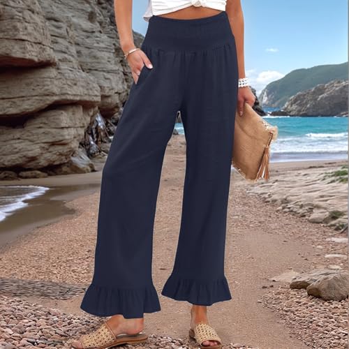 Women Linen Pants Summer Ruffle Wide Leg Pants Smocked Waist Palazzo Pant Boho Flowy Beach Pant with Pockets2