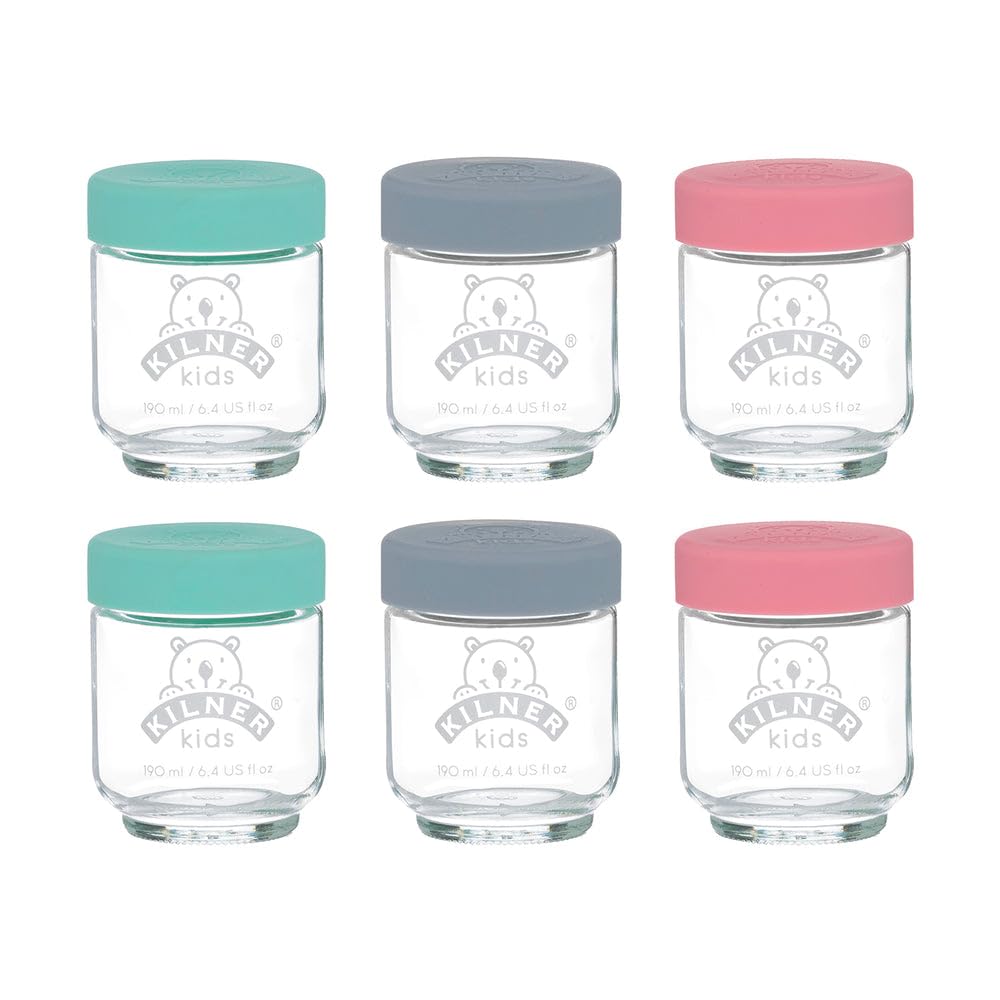KILNER Babygläser Set 6 x 190 ml, Glas mit Silikondeckel, spülmaschinenfest | Babynahrungsgläser, spülmaschinenfest, mikrowellengeeignet, gefriergeeignet, auslaufsicher, 12 Etiketten inklusive