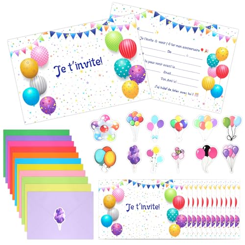 Scettar 12 Cartes Invitation Anniversaire Fille Ballons colorés thème, avec 12 Couleur Enveloppes...