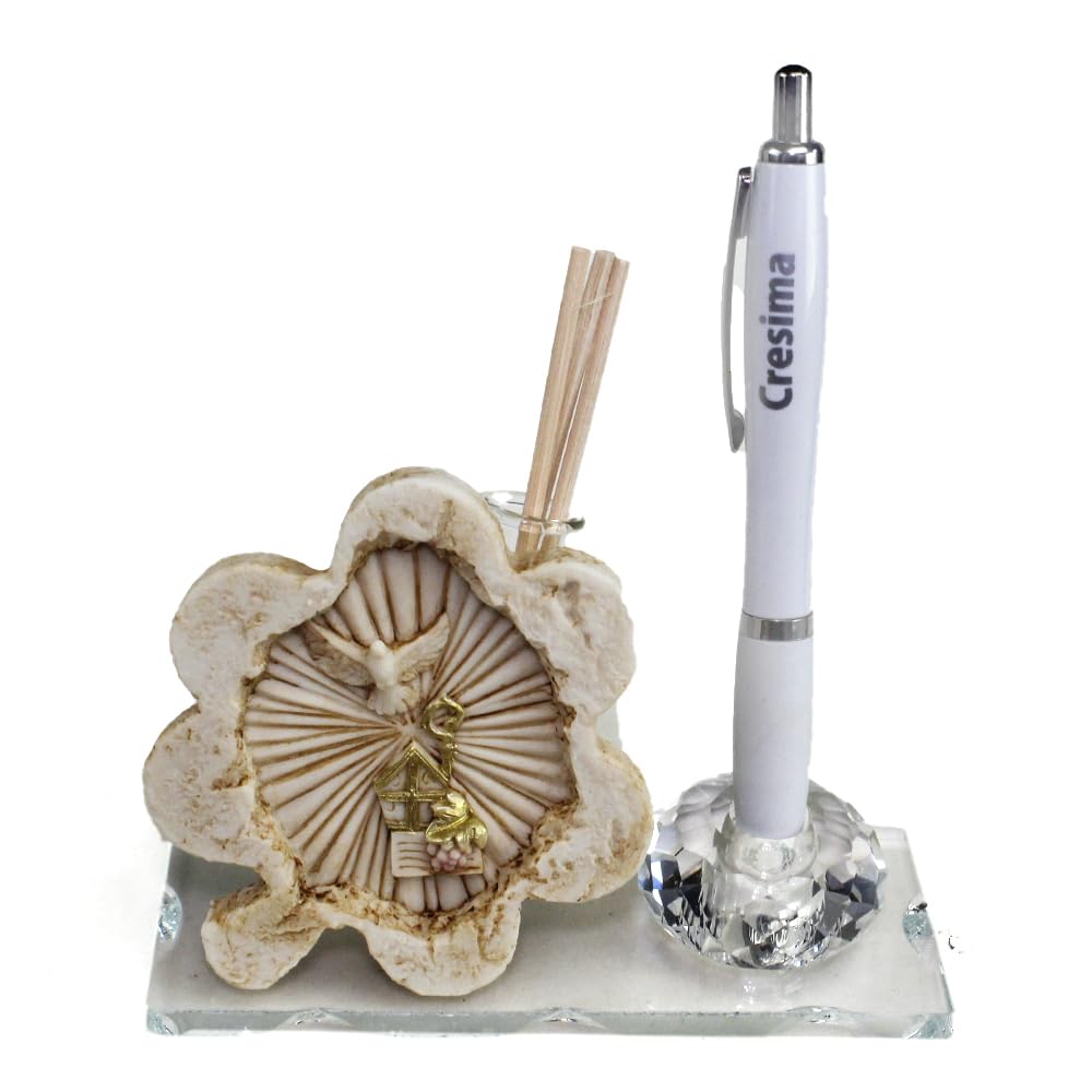 DLM 35050 (Kit 12 Pezzi) Profumatore PortaPenne in Cristallo Cappello vescovile Bastone Bibbia Colomba Comunione Cresima Scrivania Penna Diffusore Profumo bomboniera