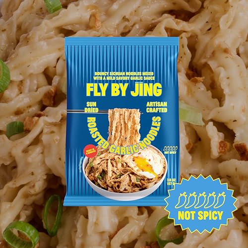 Image of FLYBYJING Roasted Garlic Noodles - Sun-Dried Asian Instant Noodles with Umami Roasted Garlic Sauce - Ready in 6 Minutes - Premium Non-Fried Vegan Noodle, 12g Protein, Non-GMO (Pack of 6)