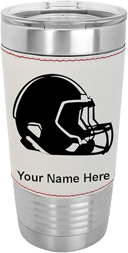 Miniatura 10 de LaserGram 20oz Vacuum Insulated Tumbler Mug Football Helmet Personalized Engraving Included Faux Leather Gray
