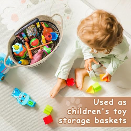 Image of Dog toy basket, used for organizing rope storage, with handle, cute cotton parenting gift dog toy box storage box (Dark coffee beige)
