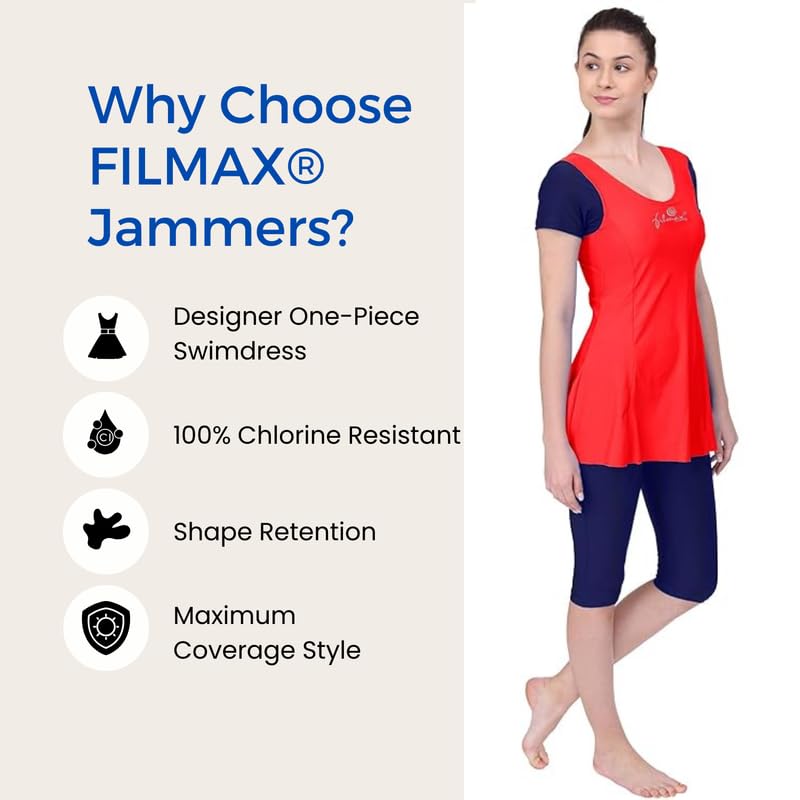 Image of Originals Swimming Costume for Women's One-Piece Beach Wear with Sleeve & Skirted 3 /4 Leggings Maximum Covered Swim Wear Dress (L - 7XL)