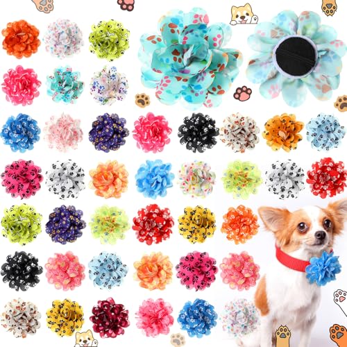Huhumy 50 Pieces Paw Print Dog Collar Flowers Bulk Cute Footprints Dog Charms Grooming Accessories Bowtie Flower for Puppy Cat Collar Attachment Embellishment Pets Party Costume