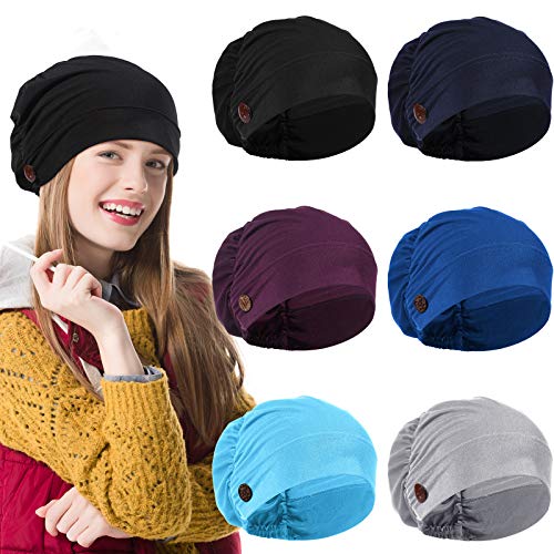 6 Pieces Bouffant Caps with Buttons, Soft Unisex Stretch Headband Elastic Turban Headwrap with Ear Loop Holder Button (Black, Grey, Lake Blue, Royal Blue, Navy, Purple)