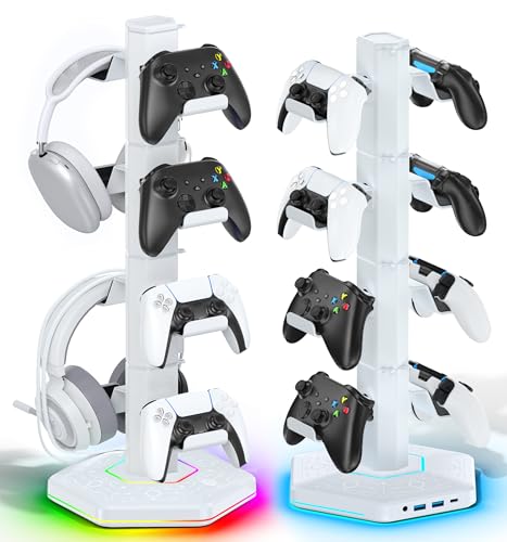 Support Multifonction pour Manettes et Casque avec Ports USB, Crochet Détachable pour Organisateur de Câbles, Rangement Accessoires Gaming pour PS5/Xbox/Switch, Idéal en Cadeau pour Gamers (Blanc)