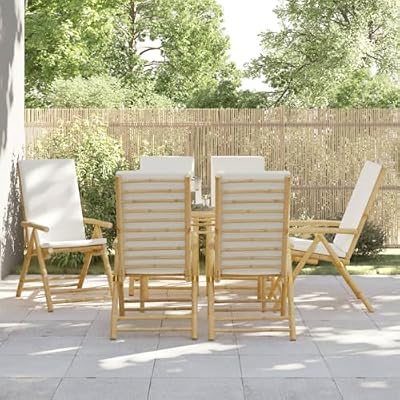 IBUQDDV Solid Bamboo Patio Reclining Chairs with Cream White Cushions, 5-Position Adjustable Backrest, Foldable Design for Easy Storage