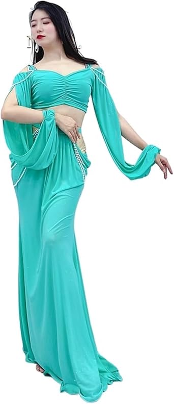 Women Belly Dance Long Dress Belly Dance Clothing for Women Mesh Pearls Sleeves 2pcs Girls Oriental Costumes Set