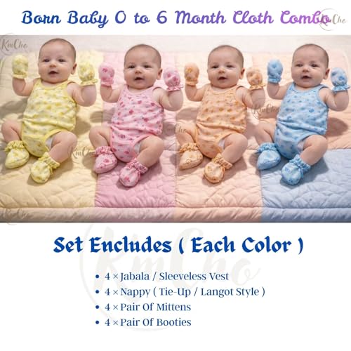 Image of KmCho Soft & Comfy New born Baby Mittens, Jhabla, Nappy, Cap Combo Set - 100% Cotton, Gentle on Newborn Skin, Unisex, Must-Have Baby Essentials for 0-6 Months