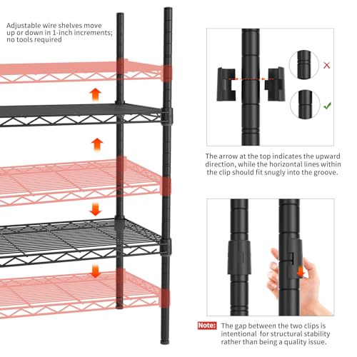 Golpart 5 Tier Adjustable Storage Shelves,Heavy Duty Metal Utility Shelf 750LBS Capacity,Wire Shelving Unit Organizer Rack for Home,Kitchen,Office,Bathroom,Pantry Room,12\" D x 22\" W x 59\" H,Black