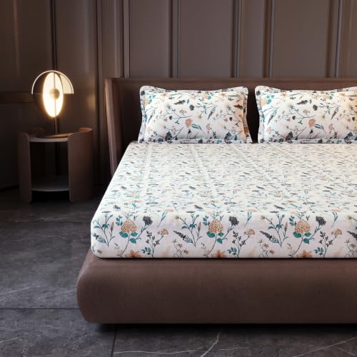 Image of Divine Casa Cotton King Size Bedsheet | 210 TC Soft Breathable Pigment Twill Satin Bed Sheet with 2 Pillow Covers | Luxury Bedding Set | 275 x 275 cm (Cream Pink, Floral)