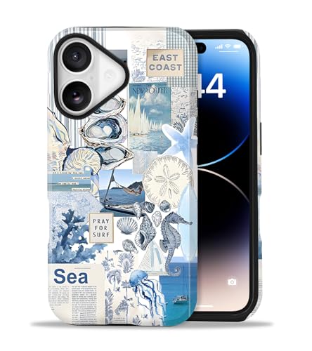 Coque iPhone 17 motif collage de coquillages bleu océan pour fille