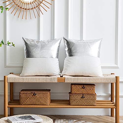 Dezene Leather Throw Pillow Covers, Set Of 2 Modern Leather/Cotton Decorative Pillowcases For Home Decor Bedroom Living Room Couch Bed Sofa, 20X20 Inch, Silver And White #TOP1