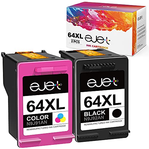 ejet Higher Yield 64XL Ink Cartridges Replacement for HP 64 Ink 64XL Ink Cartridge for hp Printers Photo 7155 7858 7855 6255 6252 7120 6232 7158 7164 Envy 5542 7855 Ink (1 Tricolor 1 Black) 2 Pack